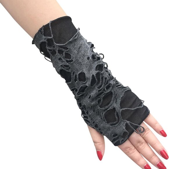 Women's Punk Fingerless Gloves Arm Warmers Black Broken Slit Ripped Gothic Glove - Picture 6 of 6
